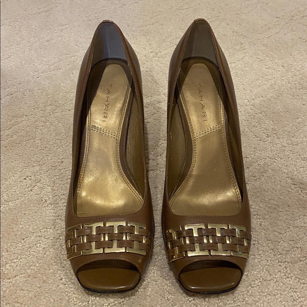 Tahari Tan Peep Toe Woven Heels